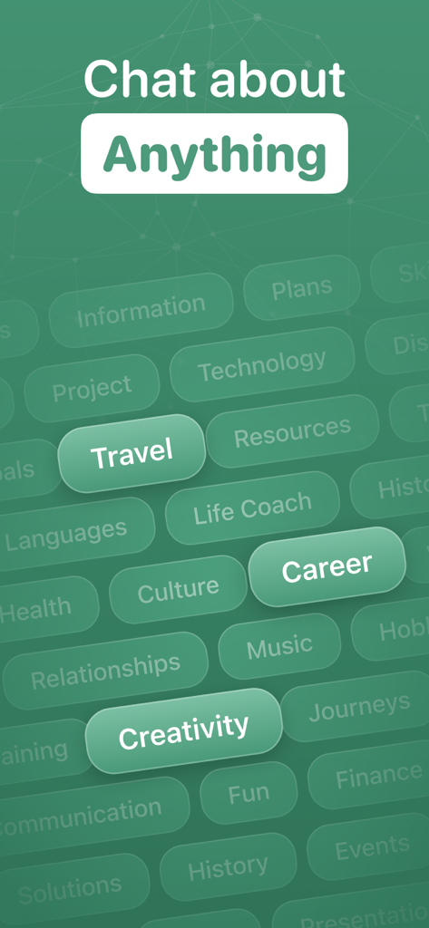 AI Chat Assistant - ChatAI Bot - AI Chat Assistant interface showing various discussion topics like Travel Career and Creativity on a green background