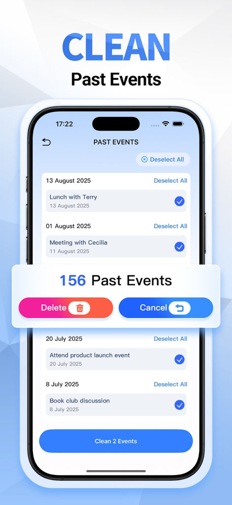 Super Cleaner: AI Cleaner - Captura de pantalla de la aplicación Super Cleaner que muestra la función para eliminar múltiples eventos pasados del calendario para liberar espacio.