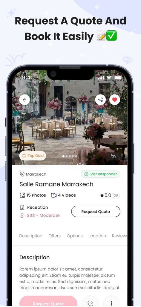 Interface de l'application Mariages.io montrant la liste d'un lieu de mariage à Marrakech avec un bouton pour demander un devis et une galerie de photos.