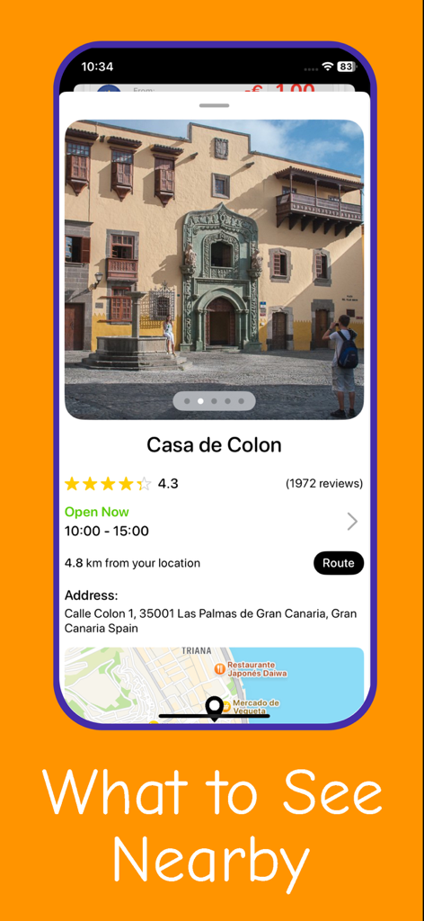 Nomad app screen showing nearby sightseeing information and location details for Casa de Colon