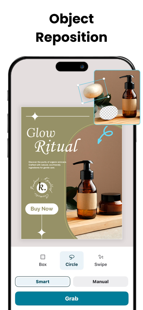 Promeo App-Oberfläche, die die Objekt-Neupositionierungsfunktion zur Erstellung professioneller Produktanzeigen zeigt.