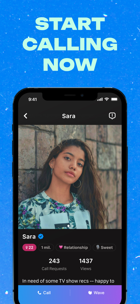 Goodnight: Dating & Voice Chat - A user profile on the Goodnight dating app featuring options to start a voice call or send a wave.