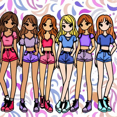 a group of girls wearing crop tops and shorts
