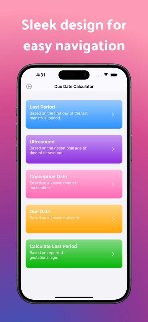 OB Wheel Pregnancy Tracker - Due date calculator interface of the OB Wheel Pregnancy Tracker showing multiple calculation methods including ultrasound and conception date.