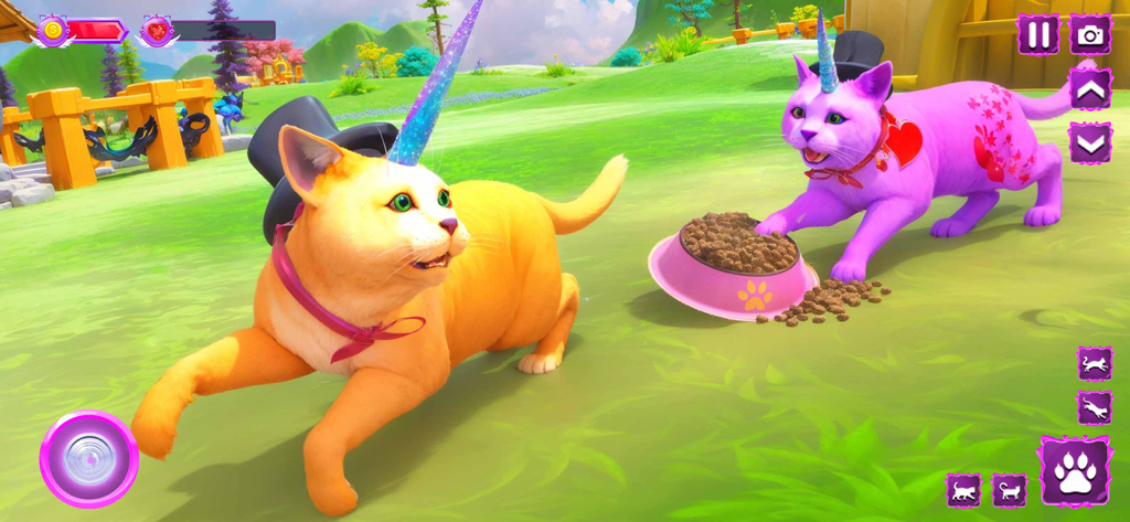My Pet Cat Life Simulator Game - Two magical cats with unicorn horns and top hats in a vibrant green meadow