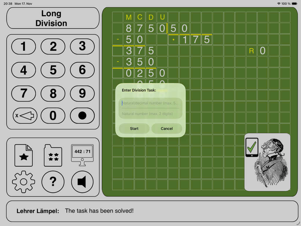 Interfaz de la aplicación Lehrer Laempel que muestra un problema de división larga resuelto en una cuadrícula y una ventana emergente para ingresar una nueva tarea.
