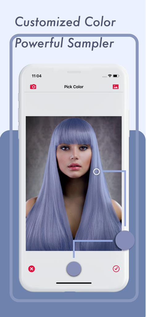 Smartphone mostrando la aplicación Cambiador de Color de Cabello con una herramienta selectora de color personalizada y un modelo con cabello morado