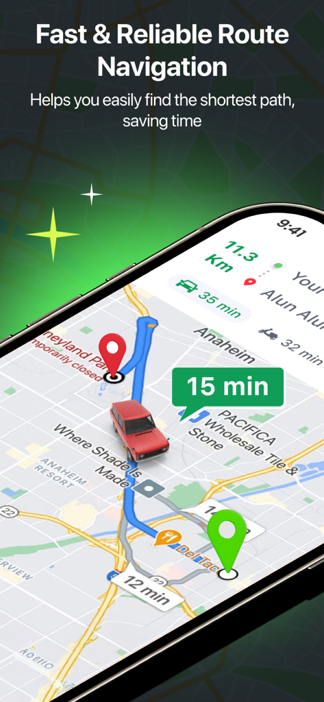 GPS Navigation & Path Finder - Map view showing the shortest route with a car icon and travel time estimation