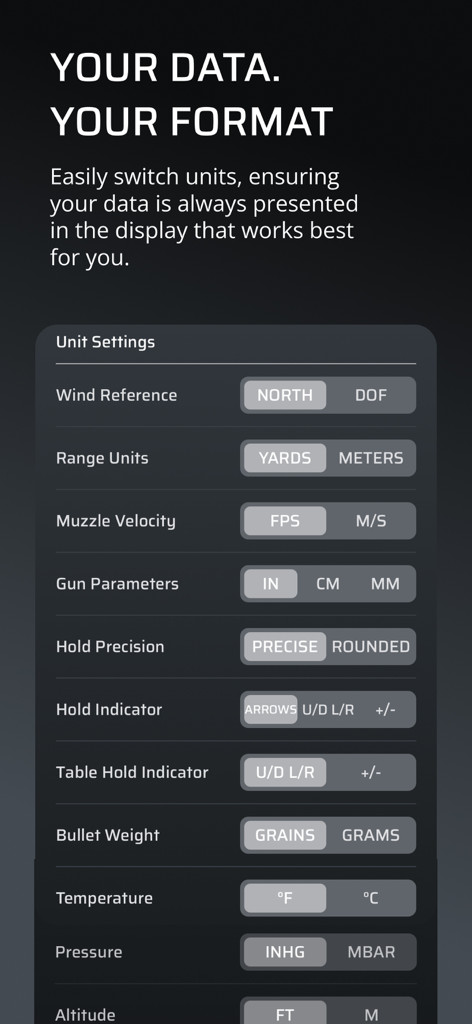 AB Quantum - AB Quantum app unit settings screen showing customizable measurement units for long range shooting