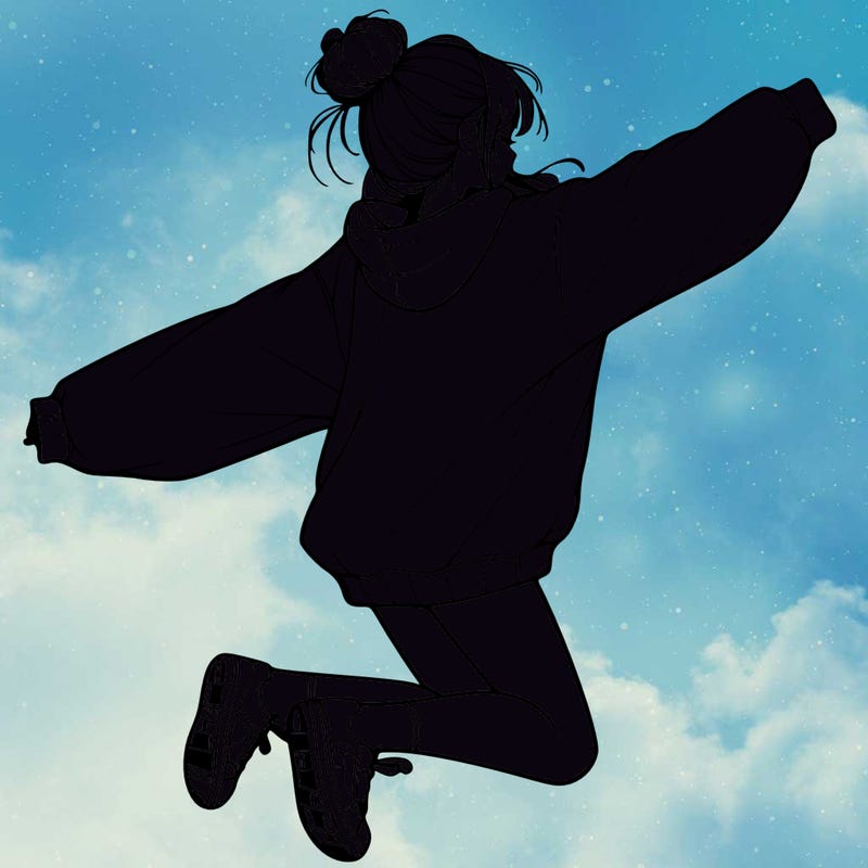 realistic girl jumping with a bun and oversized sweatshirt