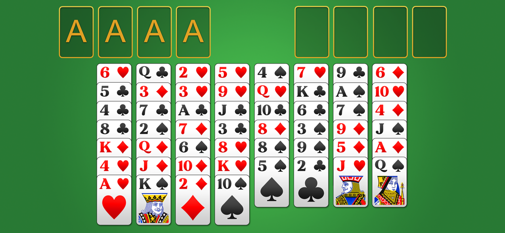 FreeCell Solitaire (Classic) - Classic FreeCell Solitaire gameplay showing easy to read cards on a green background