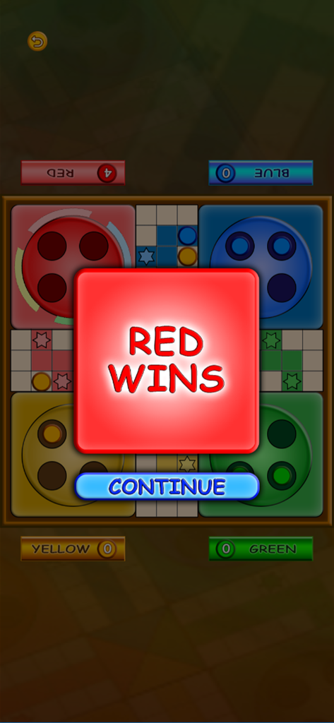 Ludo Fun - A victory message reading Red Wins on the classic Ludo Fun board game interface.