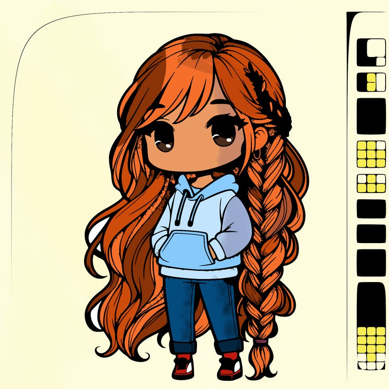 chibi girl with her hair in braids and wearing geans and a hoddie