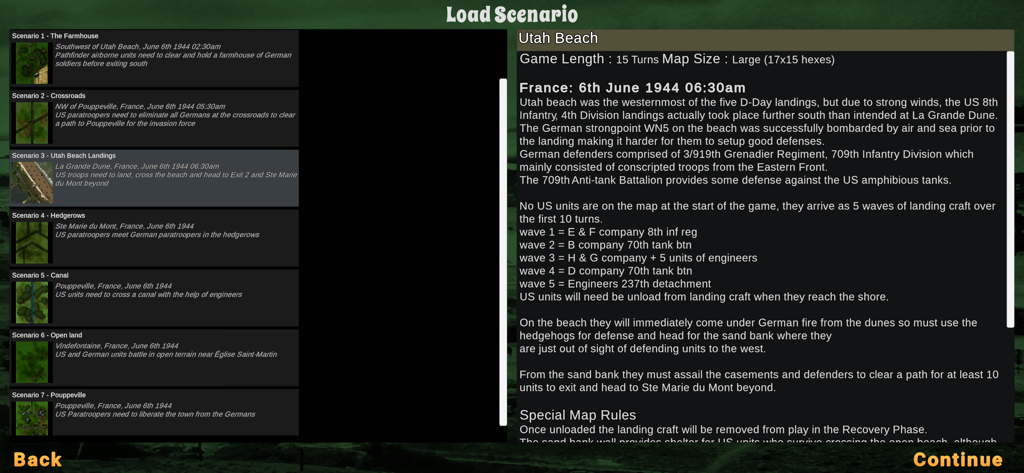 Skirmish 1944 - Load scenario screen in the Skirmish 1944 app showing a list of WWII missions and a detailed tactical briefing for the Utah Beach landing.