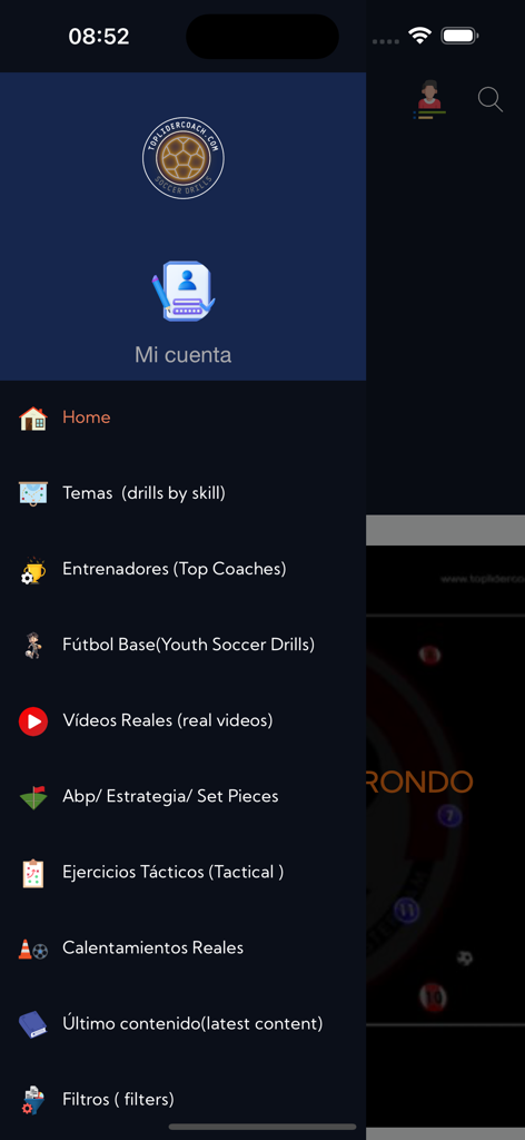 Toplidercoach app side menu showing soccer coaching categories and training drills sections