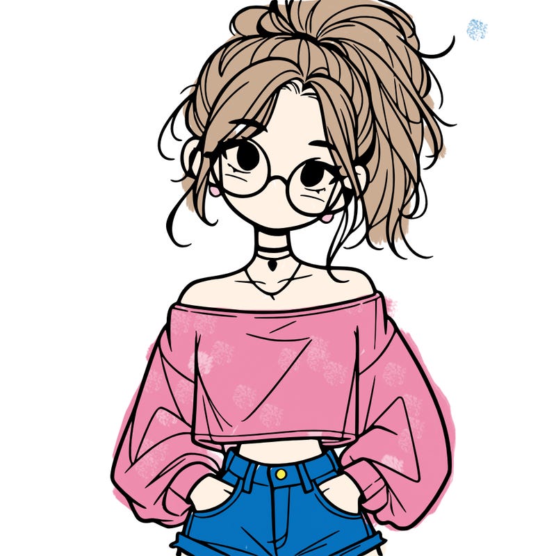 girl with a messy ponytail glasses a baggy crop top and jean shorts