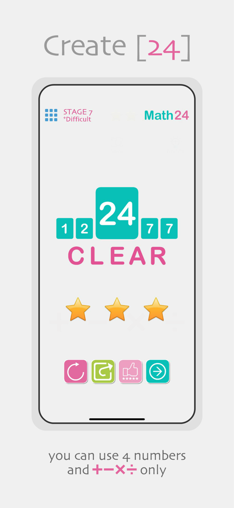 Math24 Puzzle - Screen showing a completed difficult level in the Math24 puzzle app with three stars