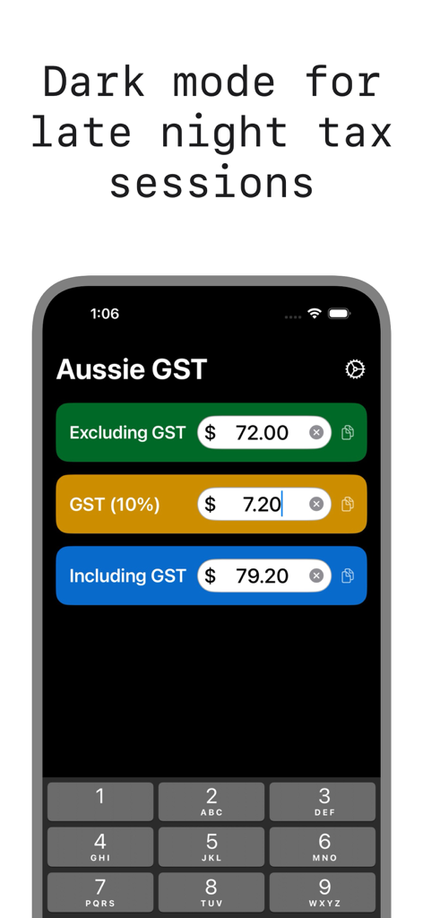 Australia GST - Tax Calculator - オーストラリアGST税金計算機のインターフェースのダークモード。GST非課税およびGST課税の価格計算が表示されています。