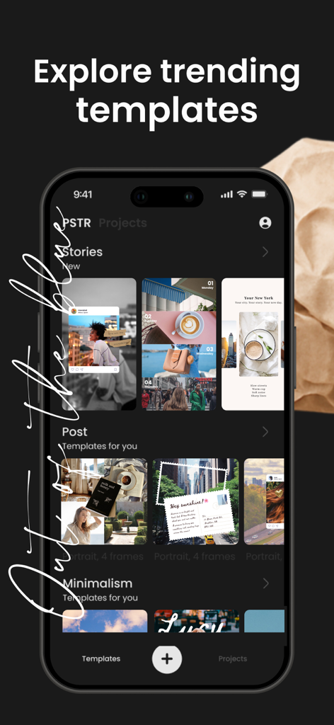 Seamless Carousel Collage PSTR - A smartphone displaying the PSTR app interface with a variety of trending photo collage templates for Instagram stories and posts.