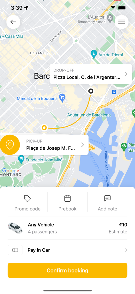 elTaxi TSP - Interfaccia di prenotazione dell'app elTaxi TSP che mostra una mappa di Barcellona con punti di prelievo e destinazione e una stima della tariffa.