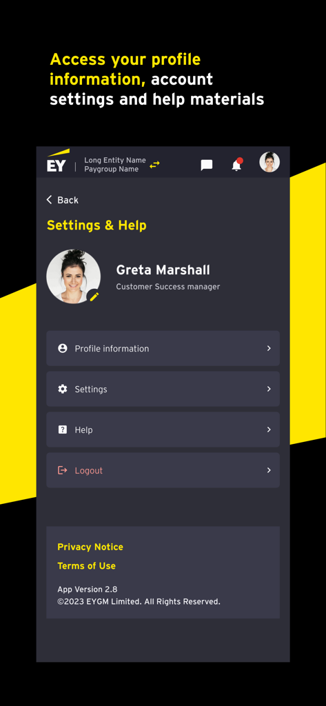EY Interact Payroll - EY Interact Payroll app settings and help screen displaying user profile and account options