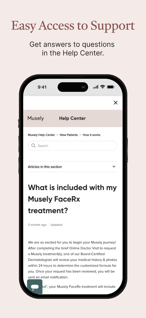 Musely - Captura de tela da página Central de Ajuda do aplicativo Musely com uma barra de pesquisa e artigos de suporte ao cliente para tratamentos de cuidados com a pele.