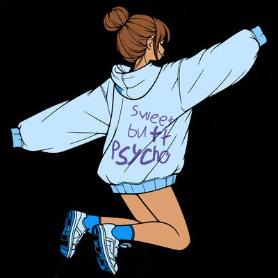 realistic girl jumping with a bun and oversized sweatshirt