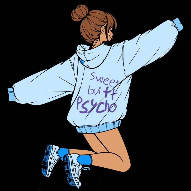 realistic girl jumping with a bun and oversized sweatshirt
