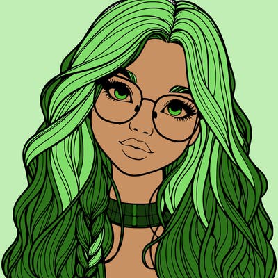 girl with long hair and freckles and glasses realistic