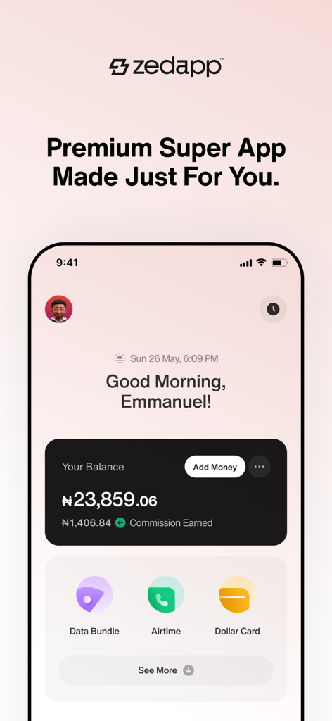 ZedApp: Digital Payments - Screenshot of the ZedApp mobile dashboard showing account balance in Naira and shortcuts for data bundles, airtime, and dollar cards