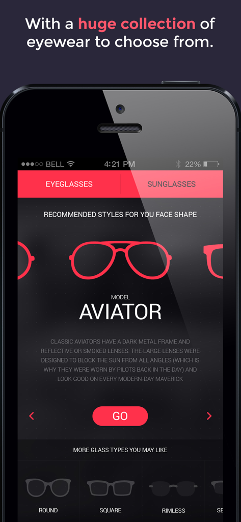 Glassify app interface showing various eyeglass styles including aviator frames