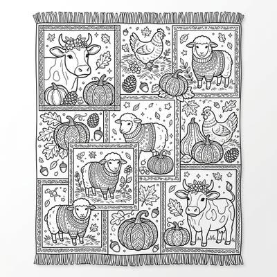 Embrace the warmth of fall with this delightful coloring page, depicting a cozy blanket adorned with charming farm animals and autumnal bounty. Discover adorable sheep in sweaters, friendly cows, and lively chickens amidst pumpkins and falling leaves, ready for your creative touch.