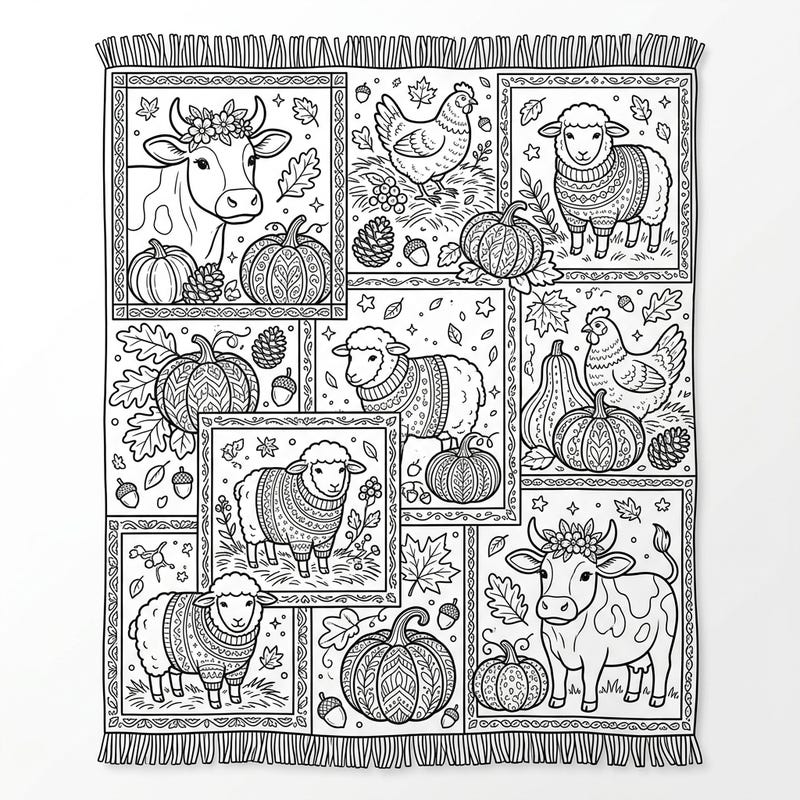 Embrace the warmth of fall with this delightful coloring page, depicting a cozy blanket adorned with charming farm animals and autumnal bounty. Discover adorable sheep in sweaters, friendly cows, and lively chickens amidst pumpkins and falling leaves, ready for your creative touch.
