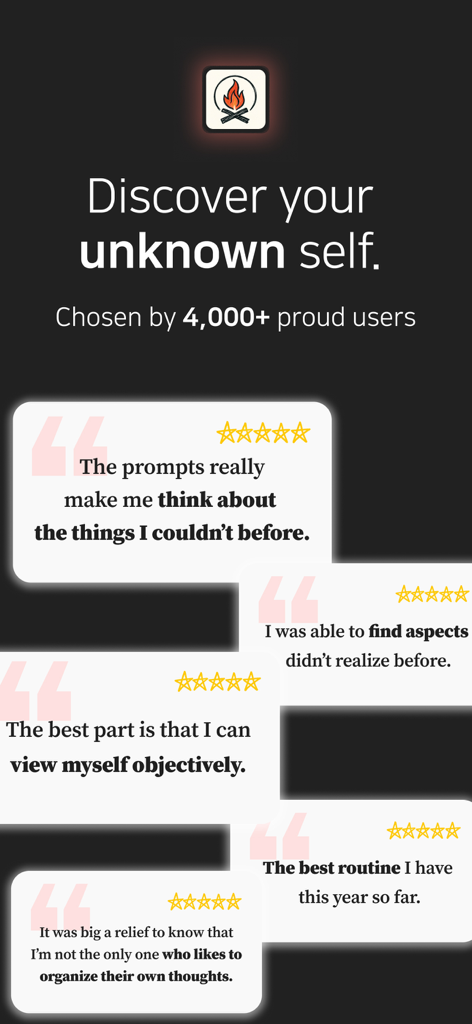 Heuton: self-reflect with AI - User testimonials and five star reviews for the Heuton self-reflection app highlighting mental growth.