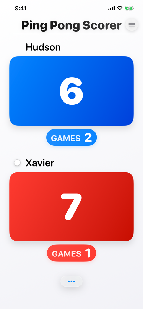 Ping Pong Scorer app interface showing a live match score between two players