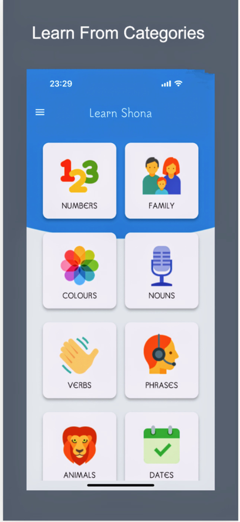 Learn Shona - Main menu of the Learn Shona app showing study categories like Numbers Family Colours and Phrases.