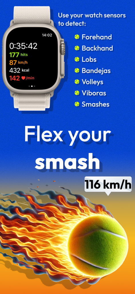 Padelio: Track Padel Activity - Apple Watch displaying Padelio workout metrics and detected padel strokes