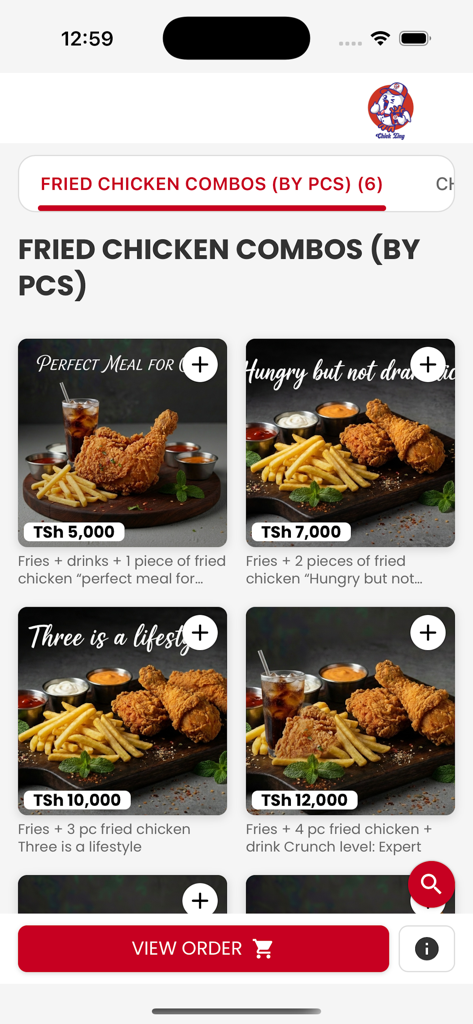 Chick Zing - Interfaz de la aplicación móvil Chick Zing mostrando un menú de combos de pollo frito con fotos y precios