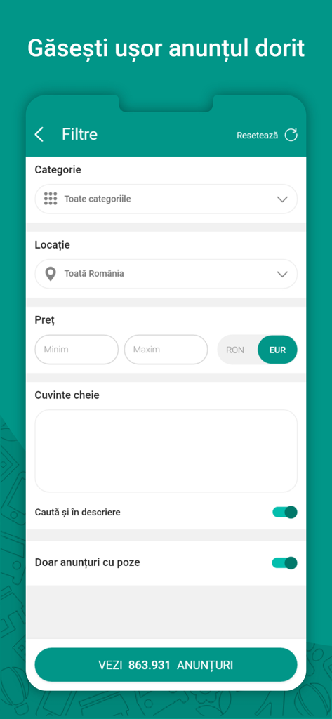 Lajumate.ro - Anunturi Romania - Écran de filtres de recherche pour l'application d'annonces classées roumaines Lajumate.ro, montrant les options de catégorie, de localisation et de prix