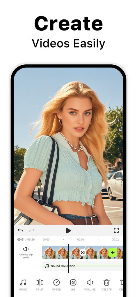 Video Enhancer - Utool - Handy-Bildschirm, der die Utool-Videobearbeitungsoberfläche mit Werkzeugen wie Musik und Geschwindigkeit unter dem Text "Videos einfach erstellen" zeigt