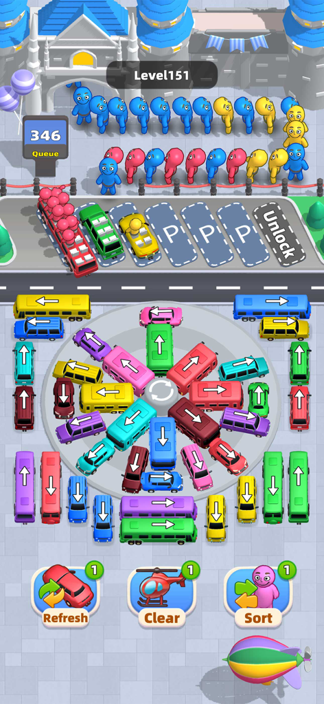A colorful traffic jam puzzle in the game Car Jam 2 where players sort buses and cars to clear the way for characters