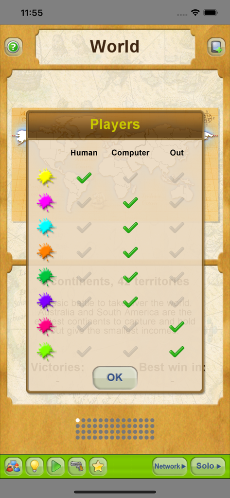 Conquest - Player selection menu in Conquest showing settings for human and computer AI opponents