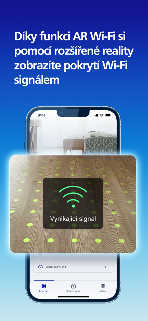 O2 Smart Box - O2 Smart Box app interface showing augmented reality Wi-Fi signal coverage on a room floor