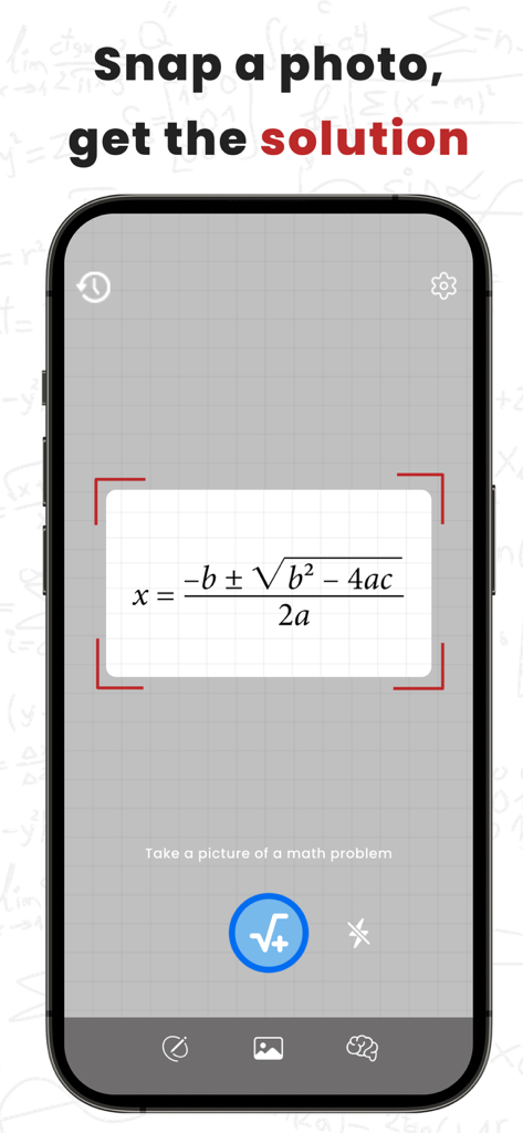 Smartphone screen showing the Mathly app scanning a quadratic formula to provide an instant solution.