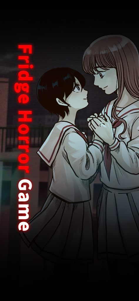 Fridge Horror Game - Two anime schoolgirls holding hands in a dark urban setting with glowing red text Fridge Horror Game