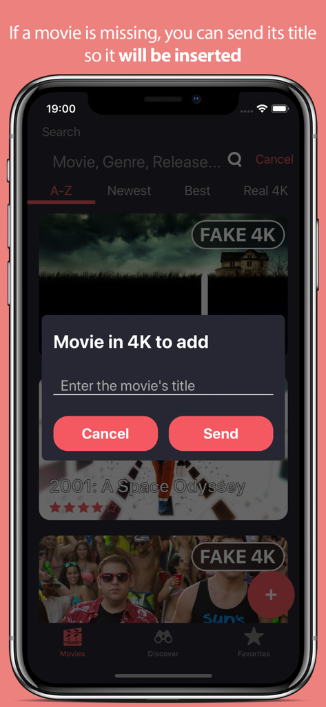 Mobile app interface showing a popup to request and add a new movie title to the 4K database