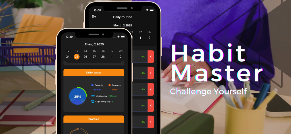 Habit Master - Track Daily - Habit Master app screens showing daily routine calendar and water intake progress