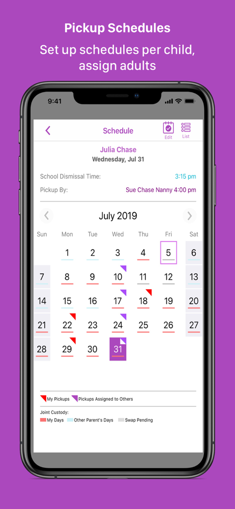 FetchKids For Schools, Parents - Mobile App-Oberfläche von FetchKids mit einem monatlichen Kalender für Schulabholpläne eines Kindes