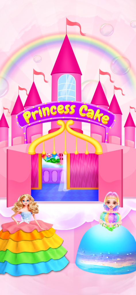 Pantalla de título de Princess Cake Royal Simulator con un castillo rosa, un arcoíris y dos muñecas de princesa con vestidos coloridos.