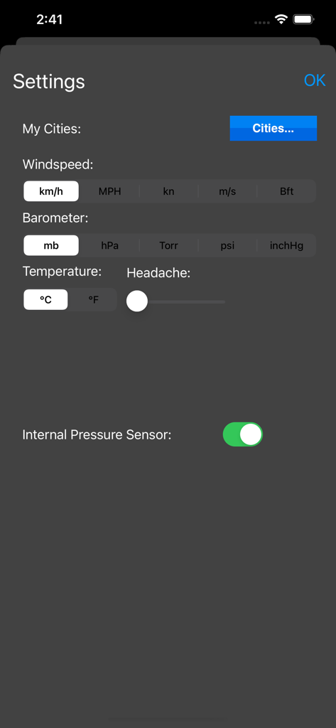 Settings screen of Barometer antique app with units for wind speed, barometer pressure, temperature, and a headache tracking slider
